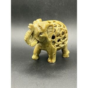 VTG Green Hand‎ Carved Soapstone Elephant W/Baby Elephant Inside-4" T Decor
